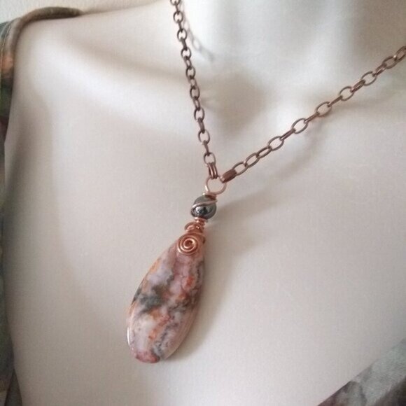 Rustic Crazy Lace Agate Pendant Necklace! Cream Gray Peachy Tangerine + Copper - Picture 2 of 15